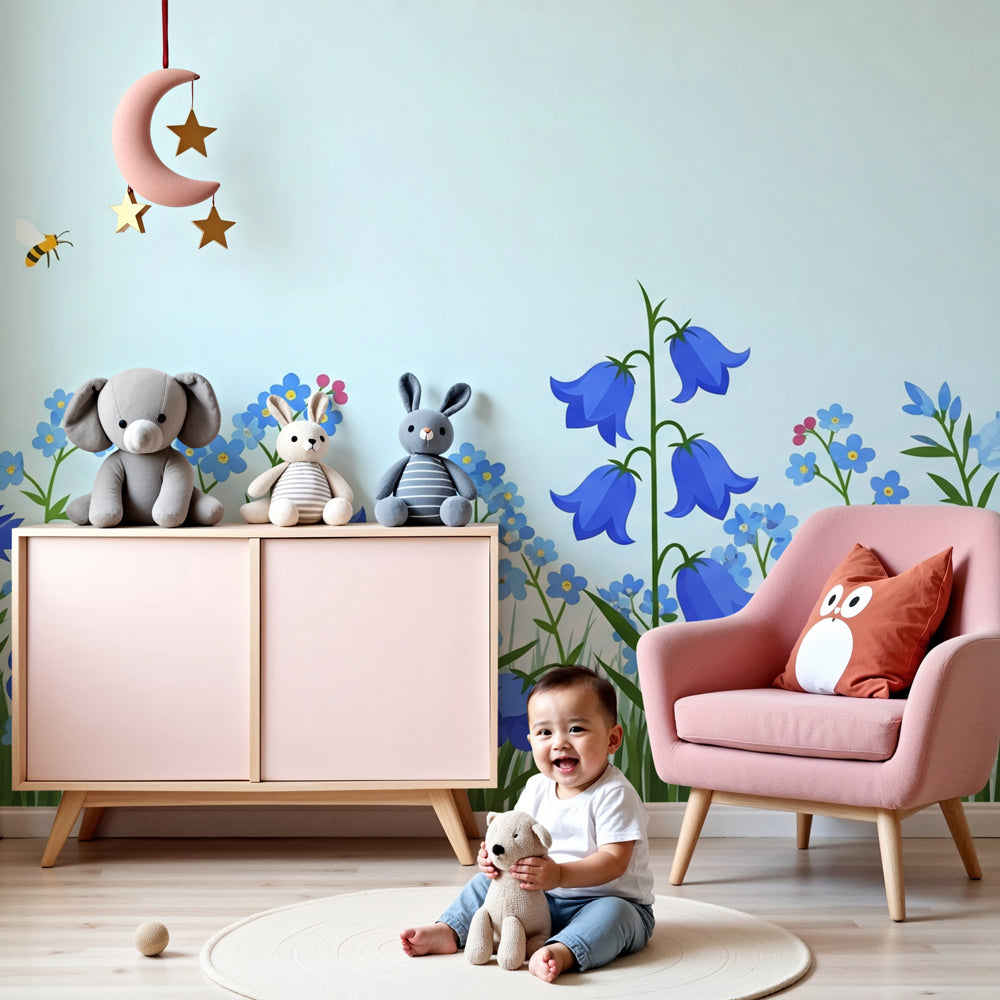 Blue flower meadow mural wallpaper creating natural nursery decor with sunny atmosphere by Kids-Mundo