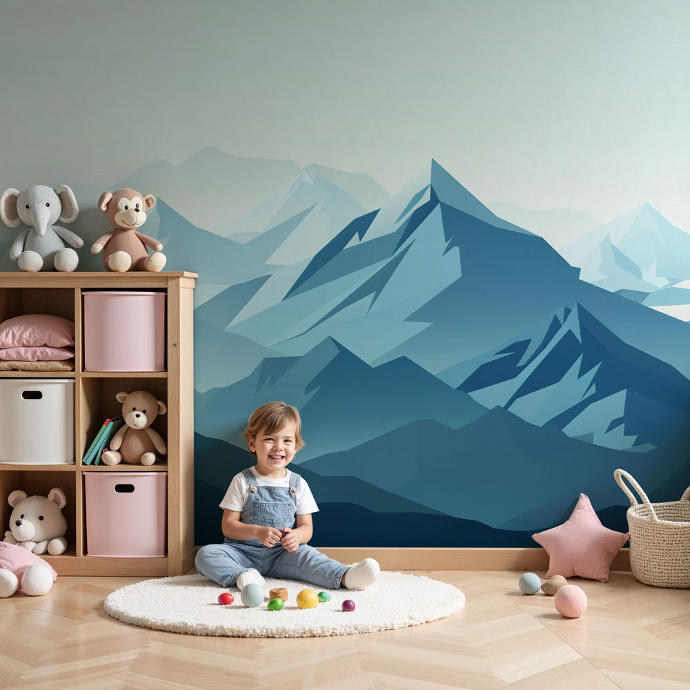 Kids-Mundo blue geometric mountain wall mural in a calm nursery with a cot and soft neutral decor