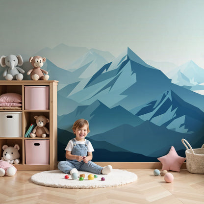 Kids-Mundo blue geometric mountain wall mural in a calm nursery with a cot and soft neutral decor