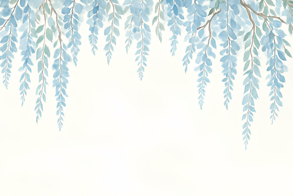 Detailed blue hanging leaves mural wallpaper design pattern showing botanical watercolor style by Kids-Mundo