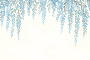 Detailed blue hanging leaves mural wallpaper design pattern showing botanical watercolor style by Kids-Mundo