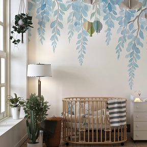 Hanging leaves wallpaper in children's bedroom with soft blue and green tones for peaceful decor
