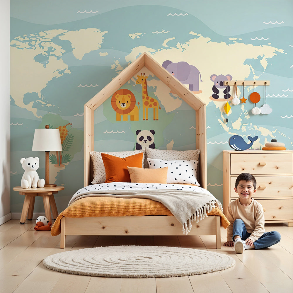 Kids-Mundo blue ocean world map wall mural with animal illustrations above a nursery cot