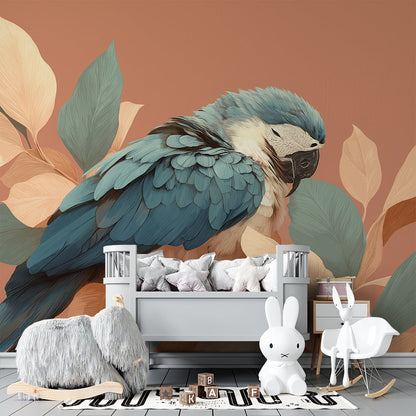 Kids-Mundo blue parrot and blossom branch mural fitted in a soft nursery corner