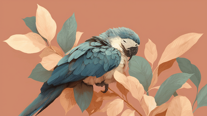 Kids-Mundo flat artwork of an illustrated blue parrot on a blossom branch design