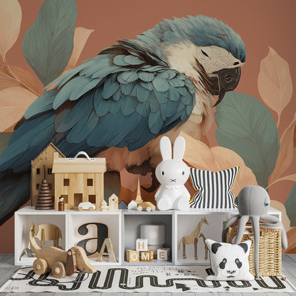 Kids-Mundo blue parrot wall mural fitted in a playroom reading nook for kids