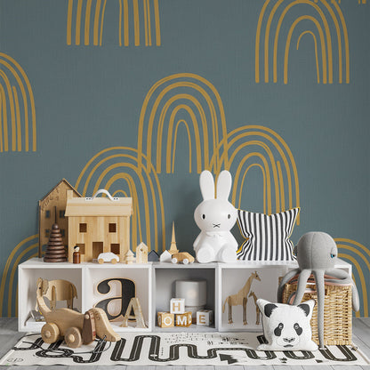 Kids bedroom with the Kids-Mundo blue and mustard rainbow arch pattern wall mural