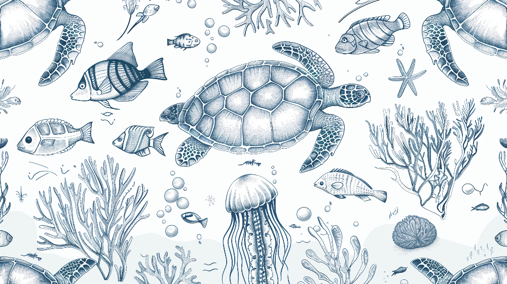 Blue Sketch Turtle and Coral Wall Mural
