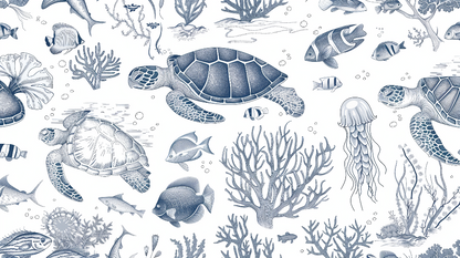 Kids-Mundo flat artwork of hand-sketched sea turtles, fish and coral in indigo linework