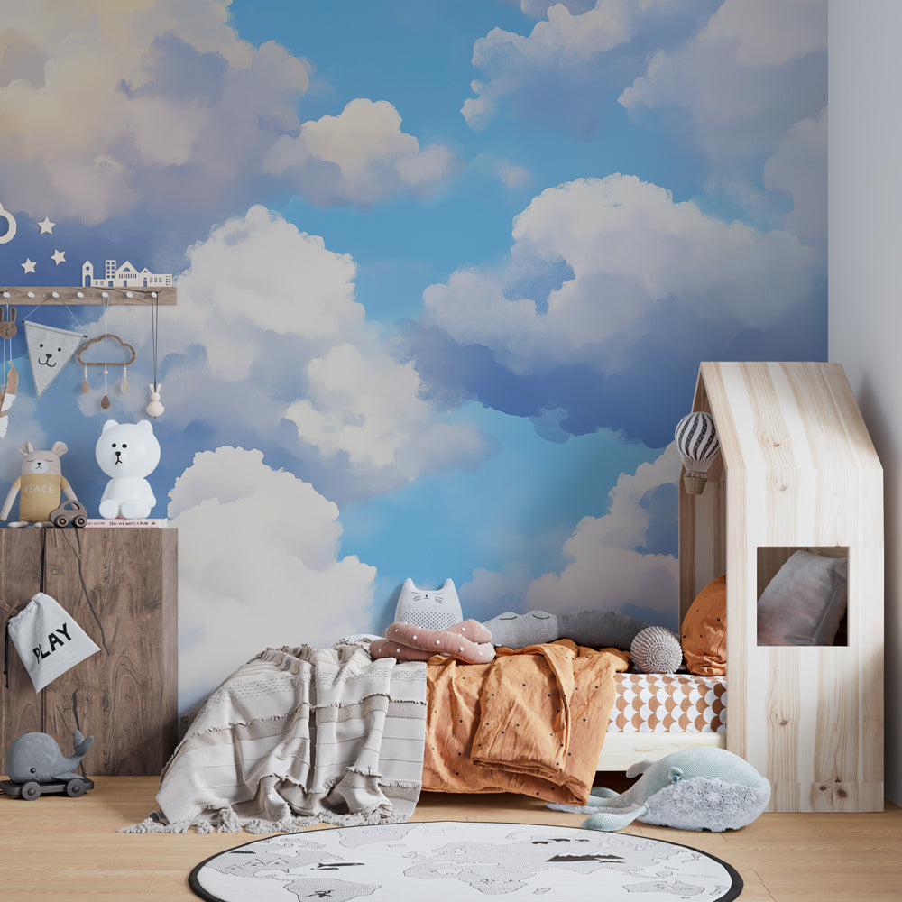 Dreamy blue sky wallpaper creating calming atmosphere in children's bedroom