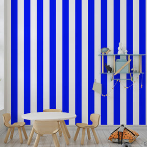 Dynamic blue striped mural wallpaper energizing colorful kids playroom space by Kids-Mundo