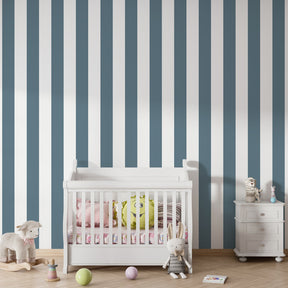 Sophisticated blue gray striped wallpaper for toddler room creating calming atmosphere