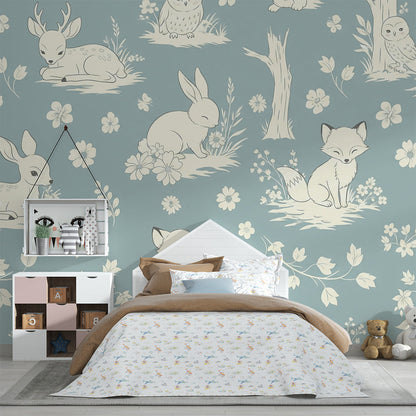 Kids-Mundo blue toile pattern mural styled on a feature wall in a kids bedroom