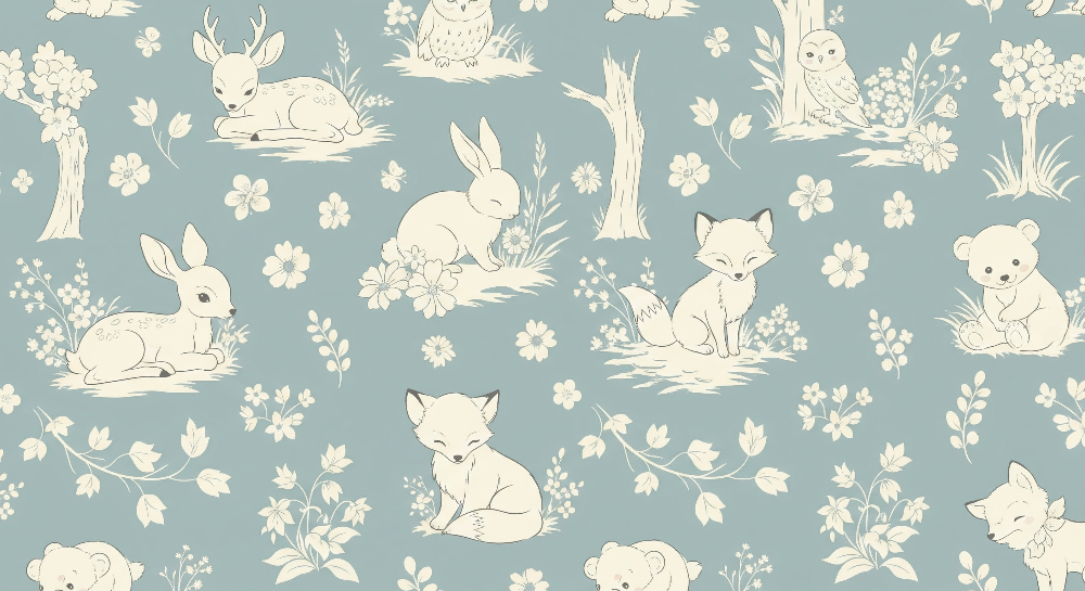 Kids-Mundo flat artwork preview of the blue toile wall mural with fawn, owl, rabbit and fox