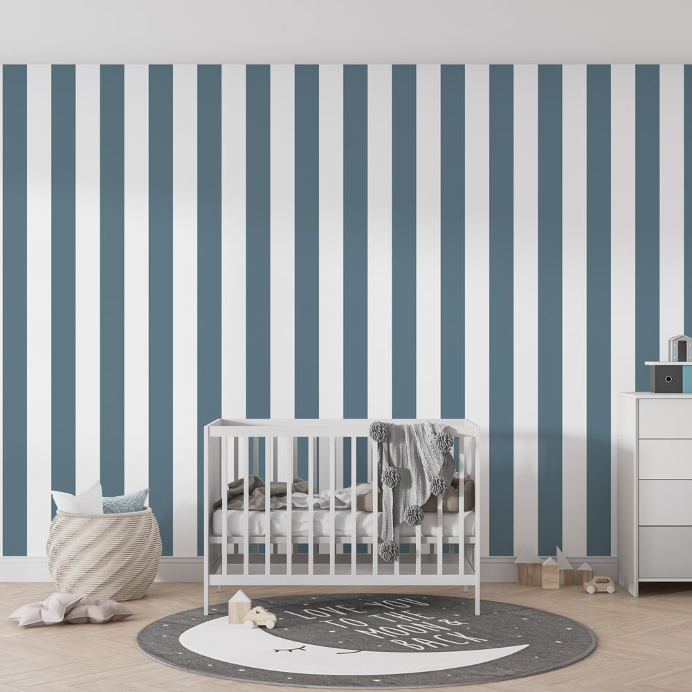 Kids-Mundo slate blue stripe wall mural on a tailored feature wall in a kids bedroom