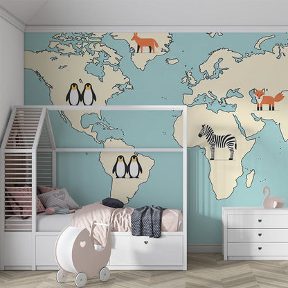 Kids-Mundo blue world map wall mural with zebra and panda covering a feature wall in a kids' bedroom