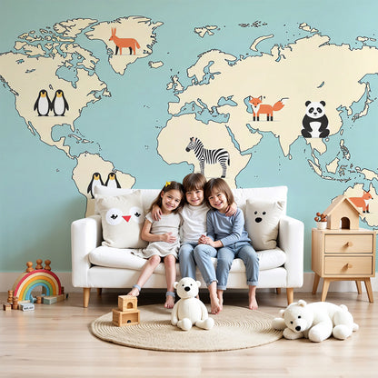 Kids-Mundo sky-blue world map wall mural with penguins and animals styled behind a cot in a calm nursery