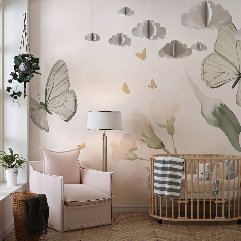 Kids-Mundo butterfly wall mural styled in a girl's bedroom with white furniture and soft textiles.