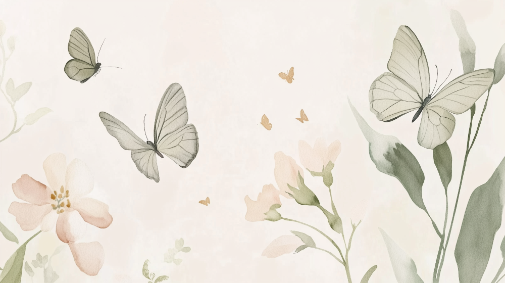 Watercolour Butterflies and Blush Florals Wall Mural