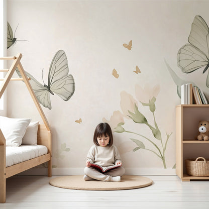 Kids-Mundo butterfly and blush floral wall mural in a soft pastel nursery with cot and armchair.