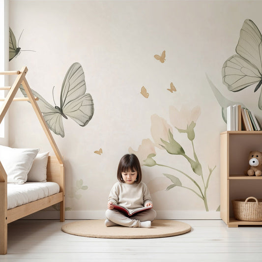 Kids-Mundo butterfly and blush floral wall mural in a soft pastel nursery with cot and armchair.