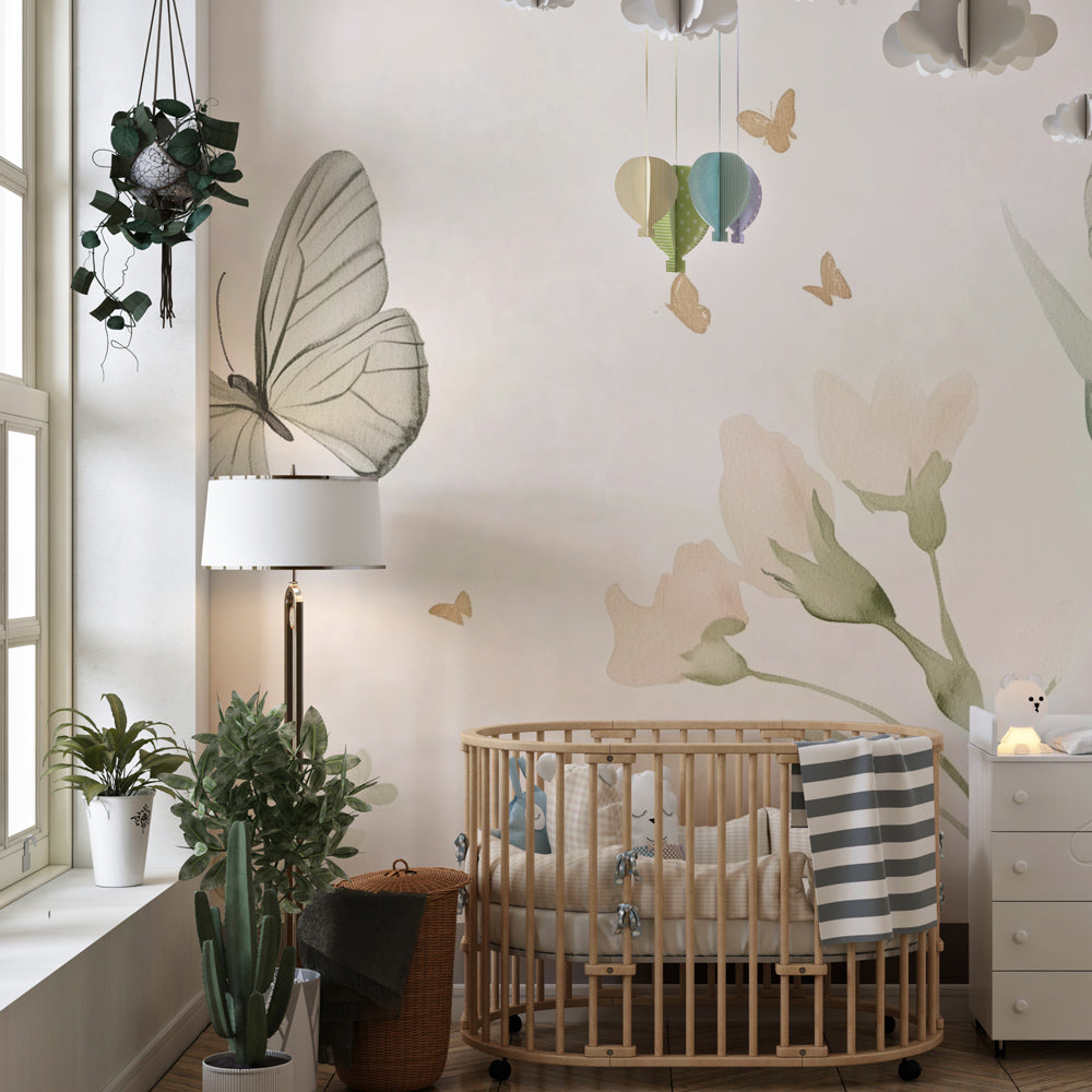 Kids-Mundo blush butterfly wall mural brightening a playroom corner with toys and a reading nook.