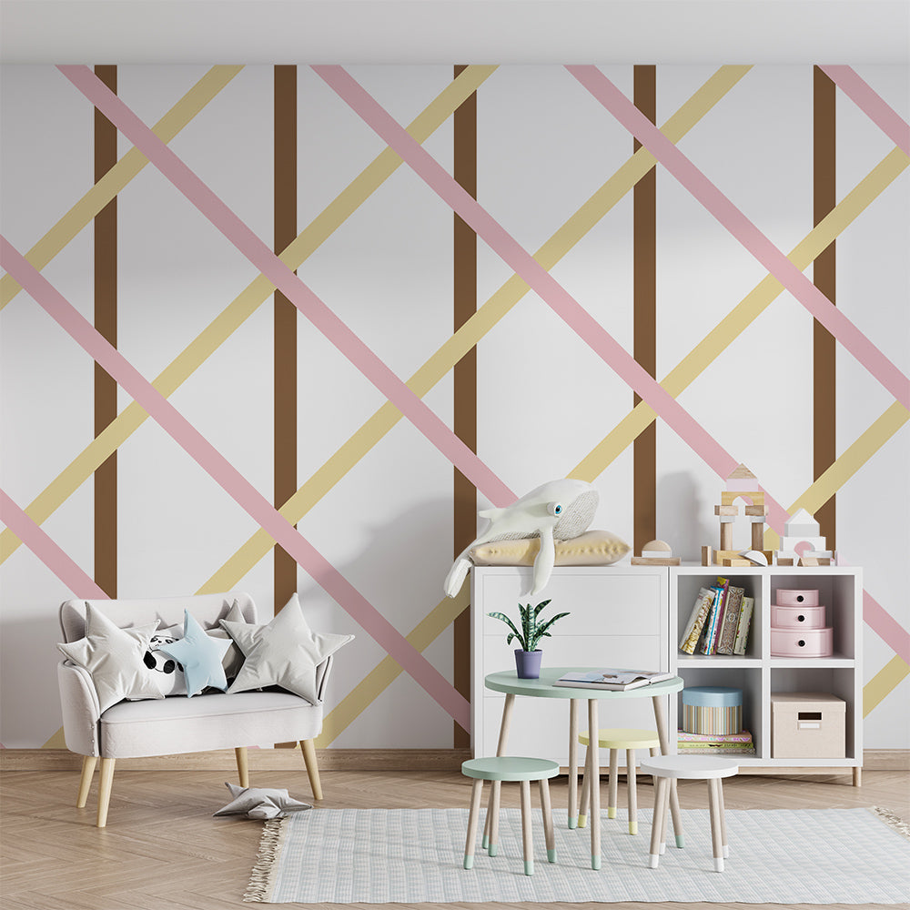 Kids-Mundo blush trellis wall mural adding soft pattern to a children's playroom.
