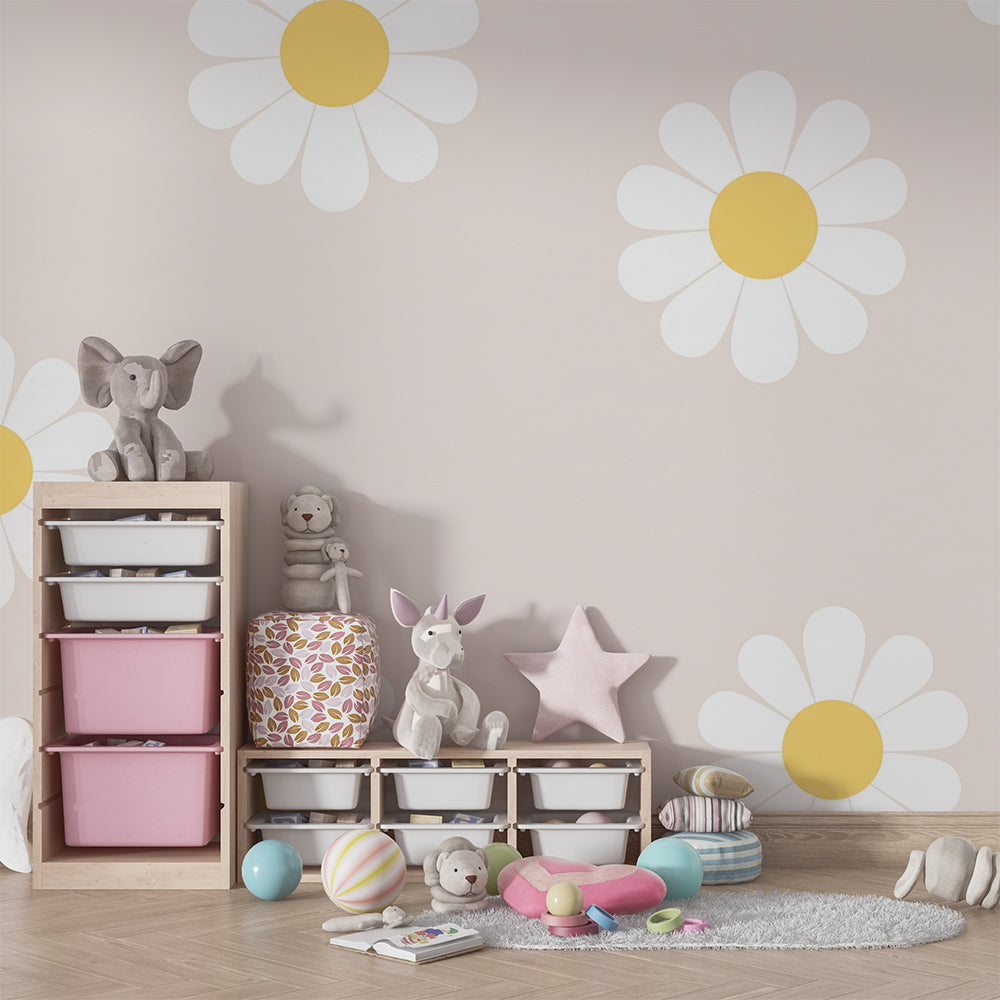 Kids-Mundo blush daisy wall mural covering a feature wall in a cheerful kids bedroom.