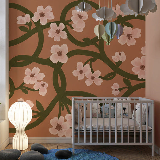 Kids-Mundo blush floral vine wallpaper covering a young girl's bedroom wall