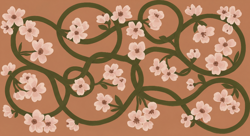 Kids-Mundo flat artwork of a blush floral vine pattern on a terracotta ground