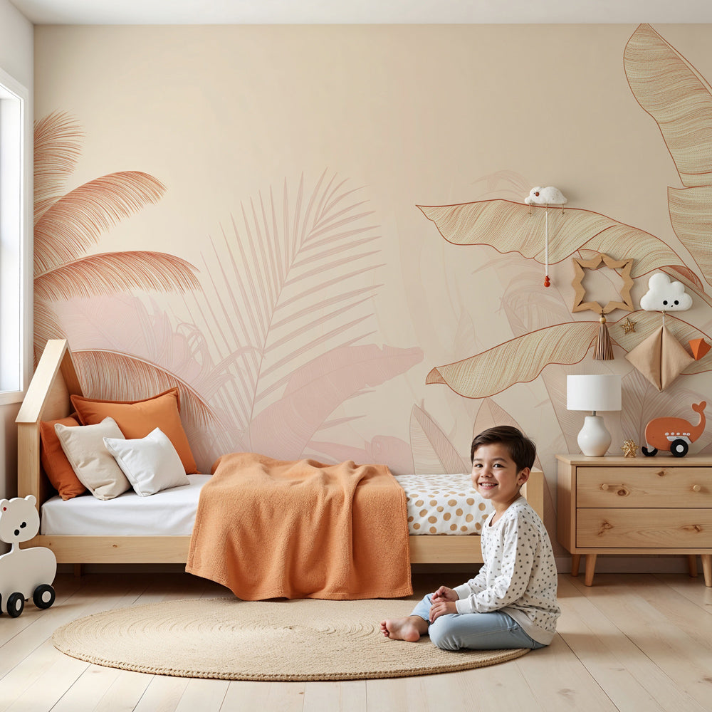 Kids-Mundo blush palm tree wall mural styled in a soft, elegant nursery.