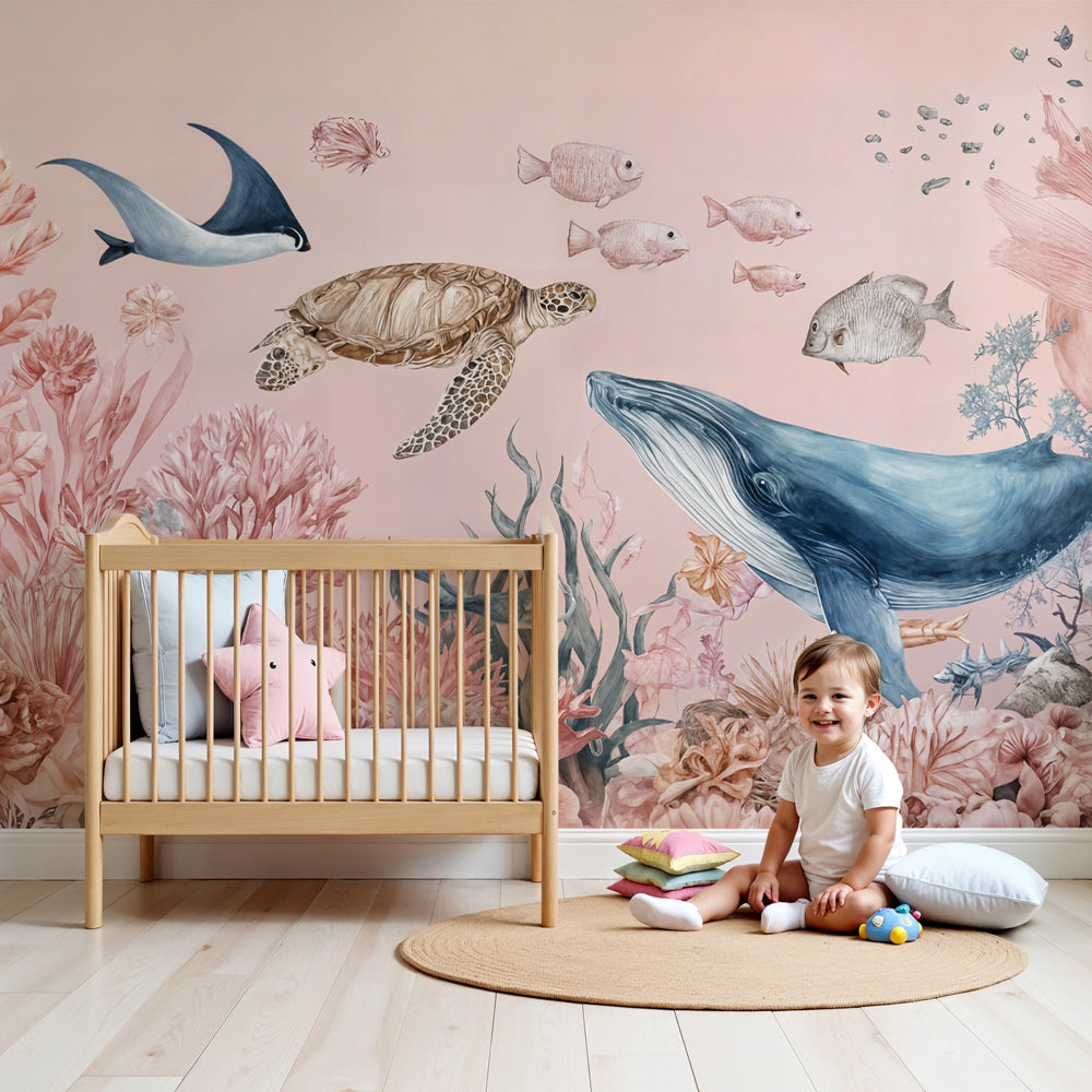 Kids-Mundo blush pink ocean wall mural with sea turtle and whale in a soft nursery