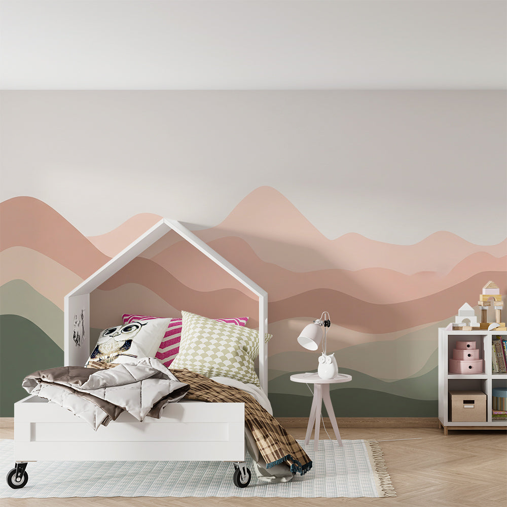 Kids-Mundo wavy mountain wall mural in blush and sage tones brightening a calm playroom wall
