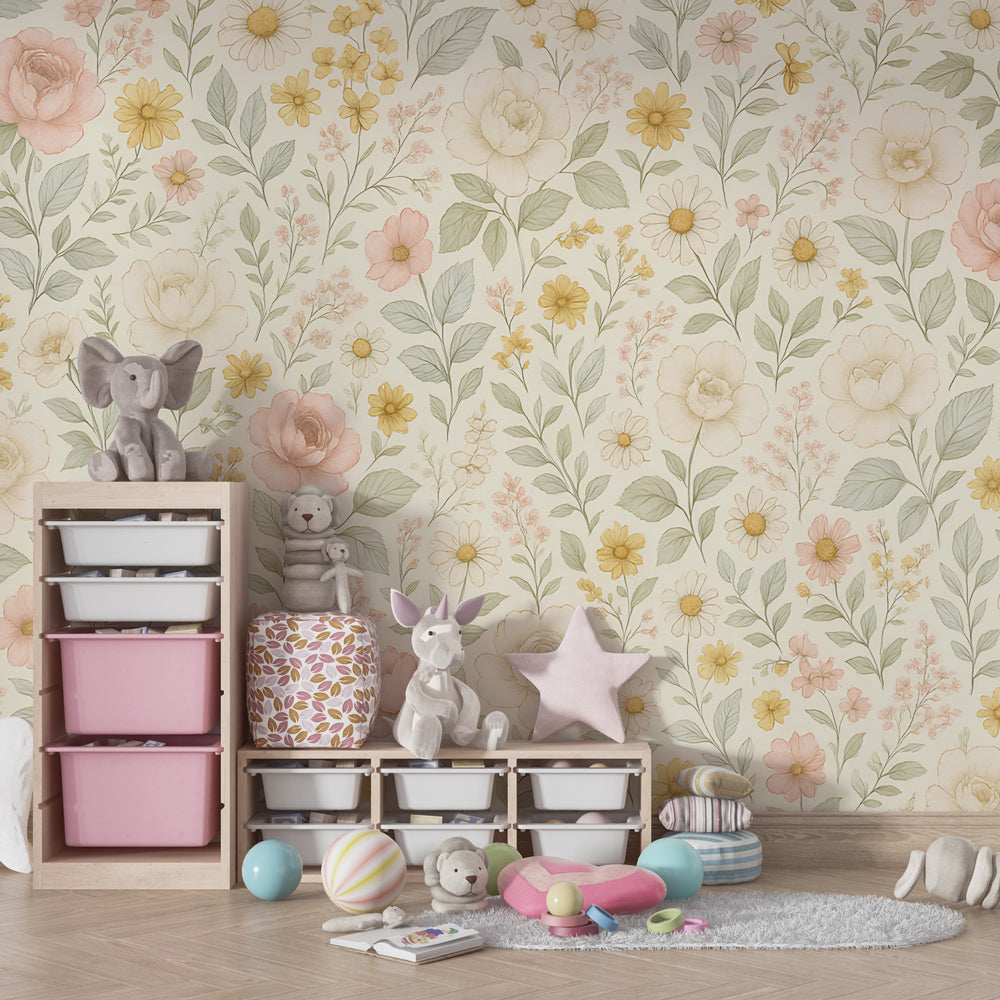 Kids-Mundo rose and daisy floral mural styled in a bright girls playroom