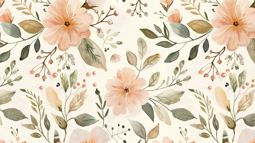 Kids-Mundo watercolour floral wall mural flat artwork with peach blooms and sage leaves