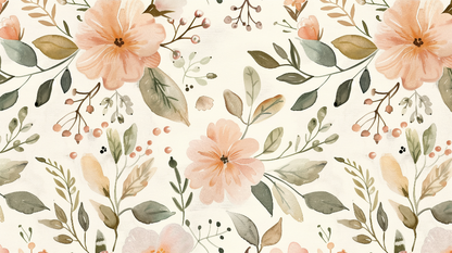 Kids-Mundo watercolour floral wall mural flat artwork with peach blooms and sage leaves