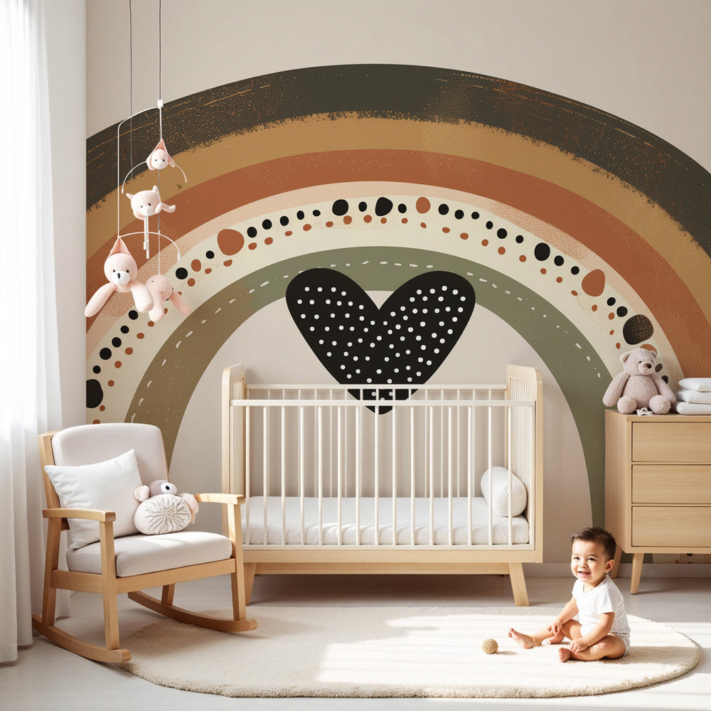 Bohemian rainbow mural wallpaper with heart design in modern nursery by Kids-Mundo