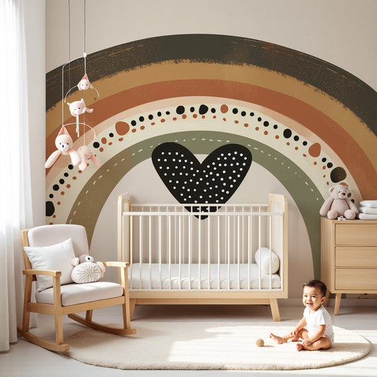 Bohemian rainbow mural wallpaper with heart design in modern nursery by Kids-Mundo