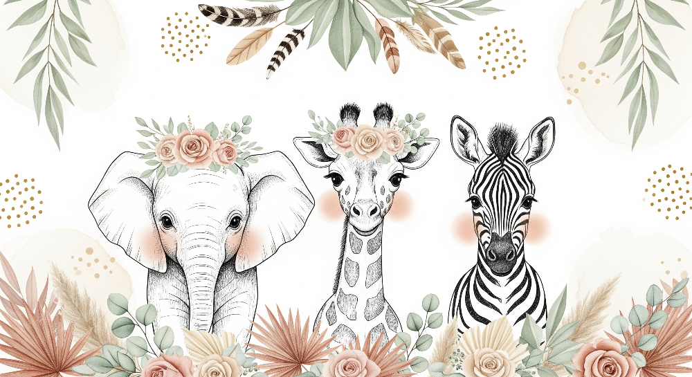 Kids-Mundo flat artwork of the boho safari wall mural showing elephant, giraffe and zebra with flowers