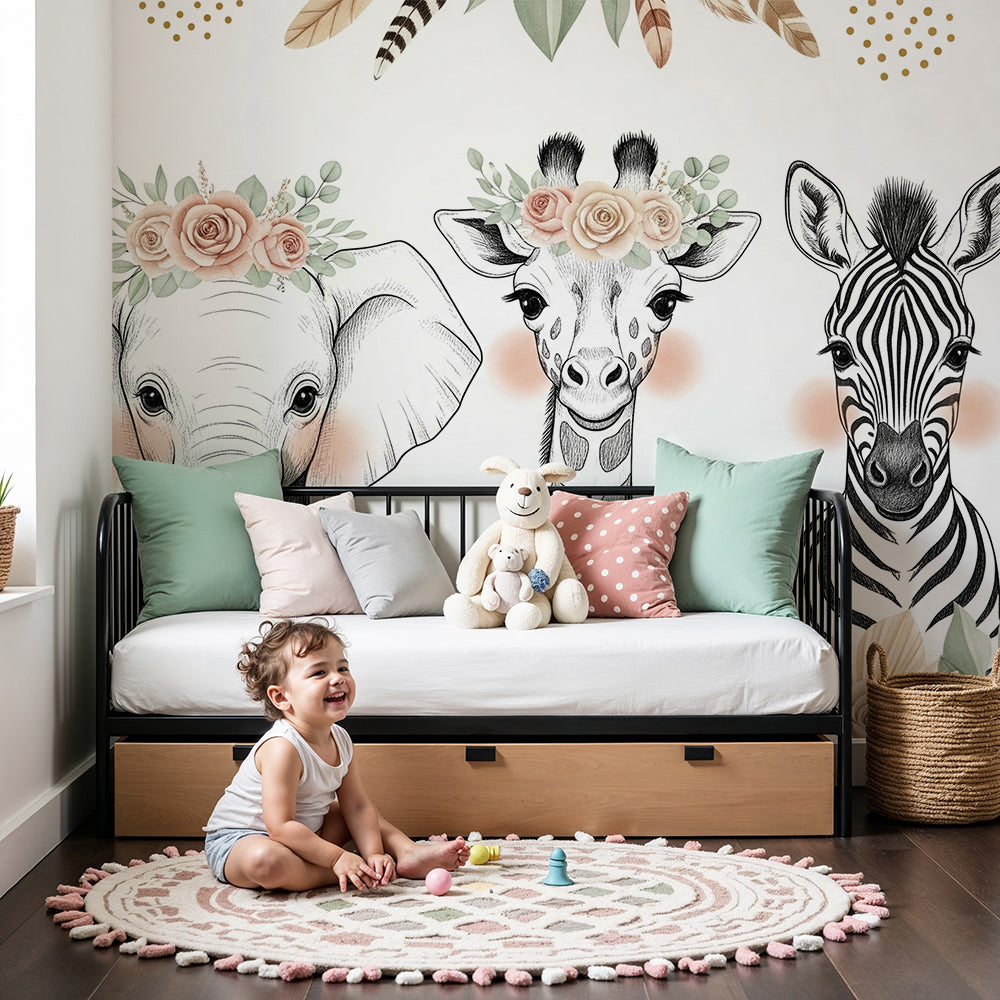 Kids-Mundo boho safari animal wall mural made to measure and installed in a soft blush nursery