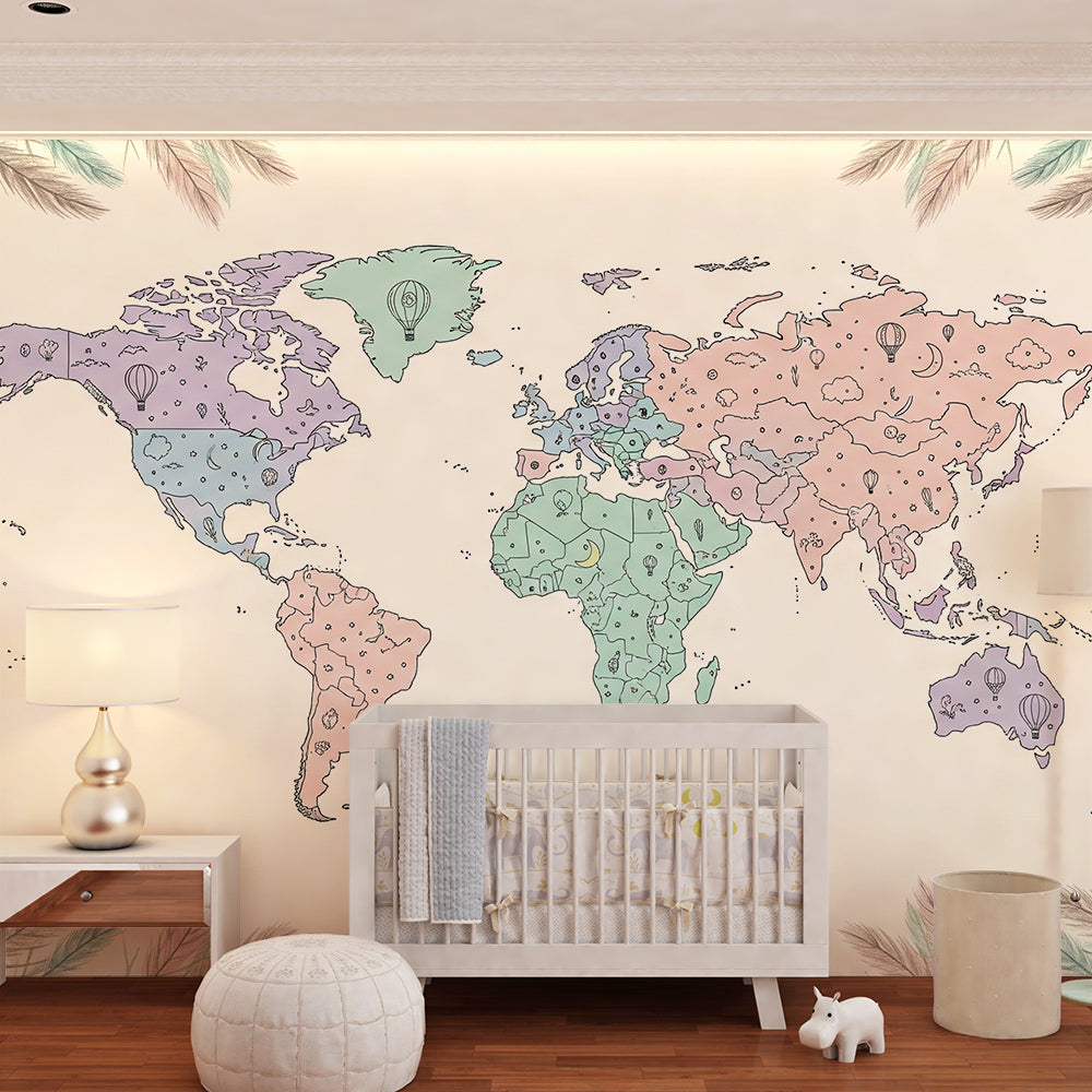 Kids-Mundo pastel line-art world map mural on a kids' bedroom wall, framed by feather and leaf sprigs.