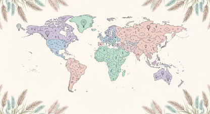 Kids-Mundo boho world map wall mural artwork, minimalist line-art continents in pastel lavender, sage and pink.