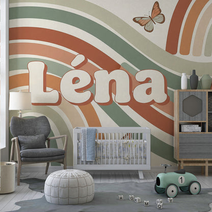 Kids-Mundo boho rainbow arch wall mural styled in a kids bedroom