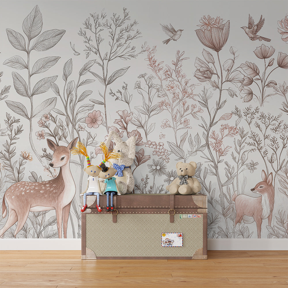 Kids-Mundo botanical deer and wildflowers wall mural covering a feature wall in a bedroom.