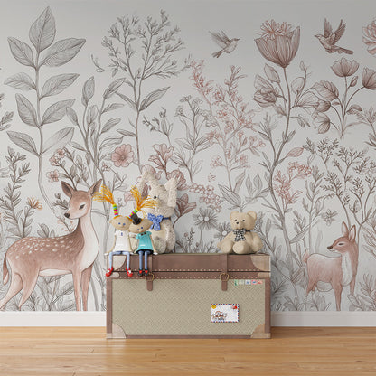 Kids-Mundo botanical deer and wildflowers wall mural covering a feature wall in a bedroom.