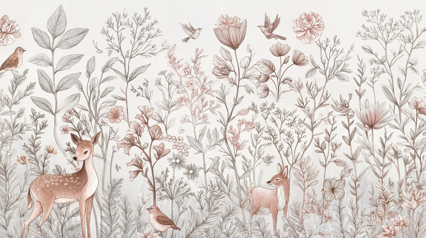 Kids-Mundo flat artwork of delicate fawns among sketched wildflowers, leaves and birds.