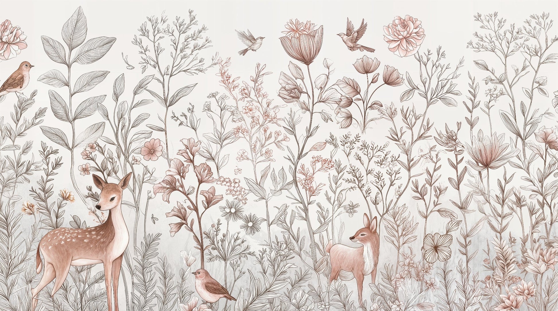 Kids-Mundo flat artwork of delicate fawns among sketched wildflowers, leaves and birds.