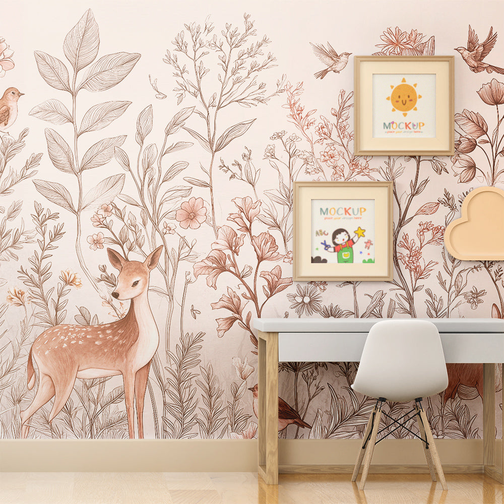 Kids-Mundo fawn and wildflower wall mural adding gentle detail to a calm playroom.
