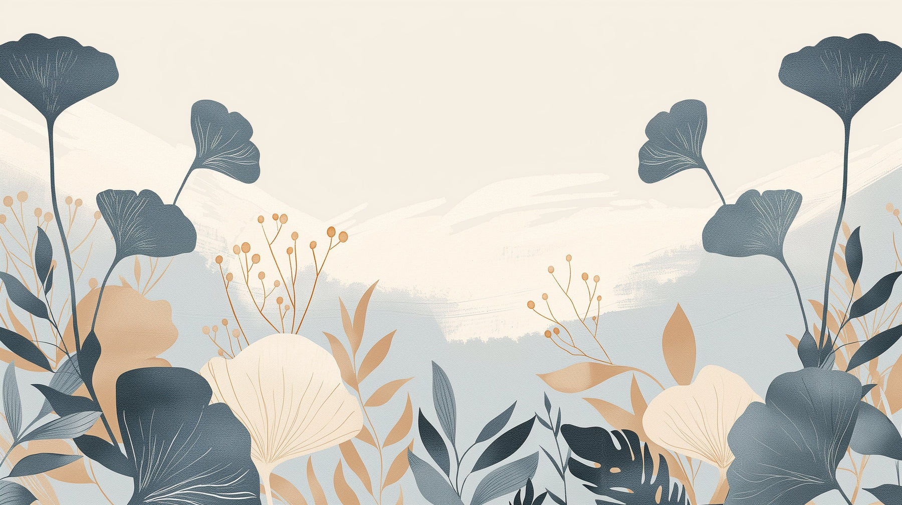 Detailed botanical floral mural wallpaper design pattern with beige blue motifs by Kids-Mundo