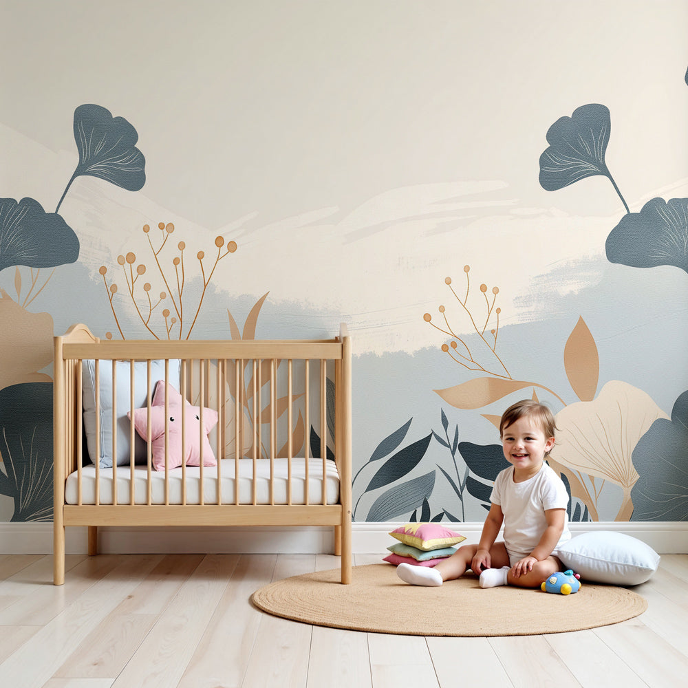 Botanical floral mural wallpaper with beige and blue flowers in modern nursery by Kids-Mundo